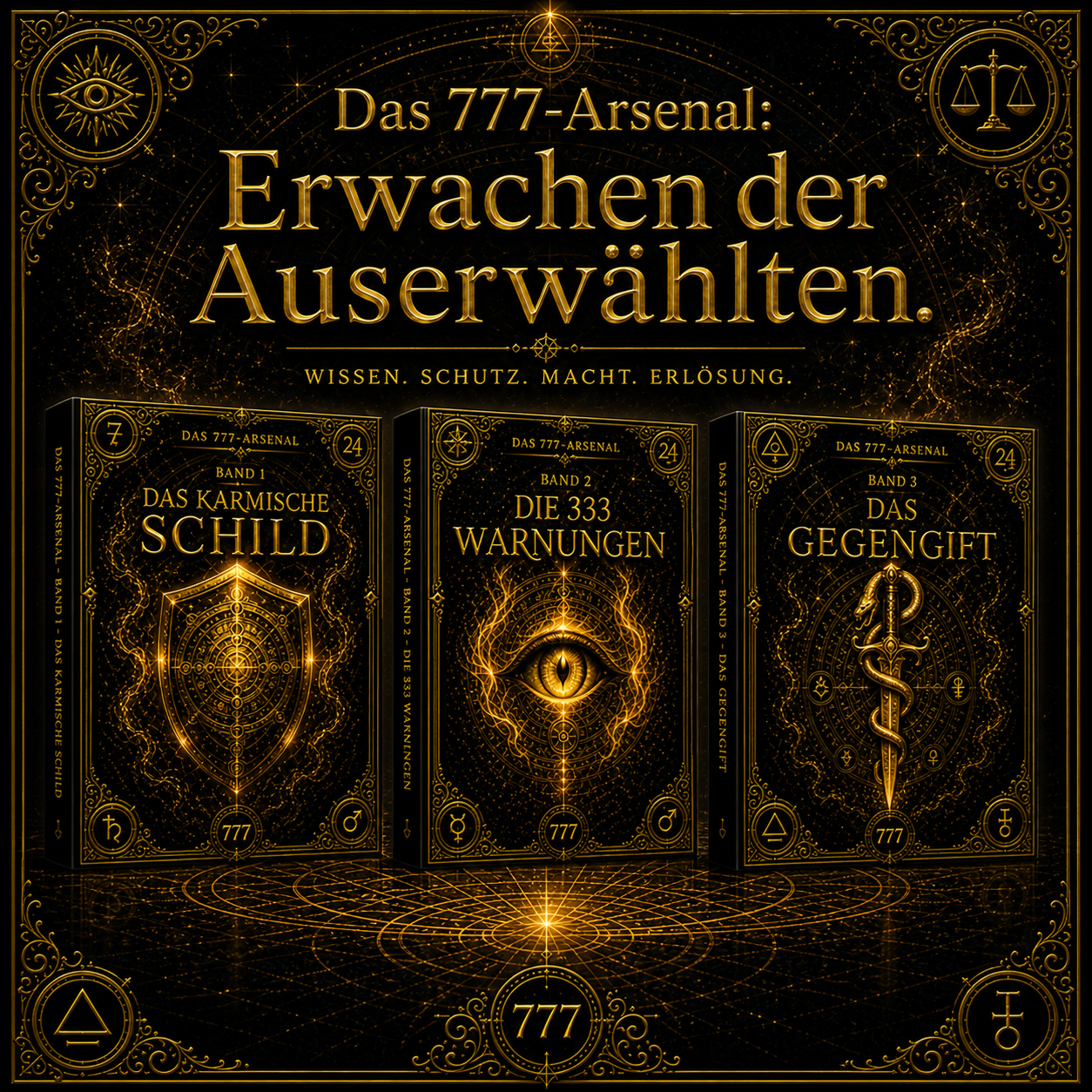 Die drei mystischen Bände des 777-Arsenals, umhüllt von goldenem Licht